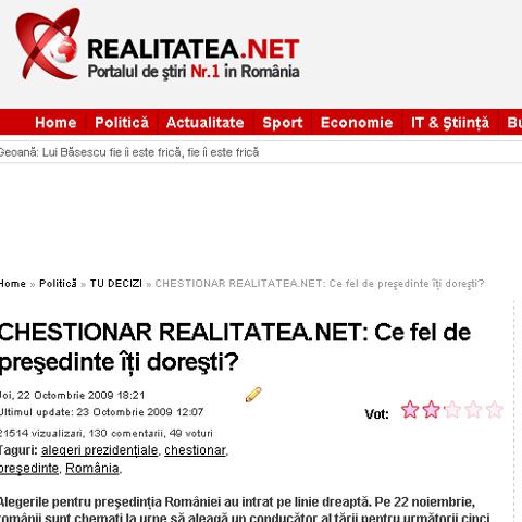 CHESTIONAR REALITATEA.NET: 64% dintre români îşi doresc un preşedinte cu experienţa guvernării