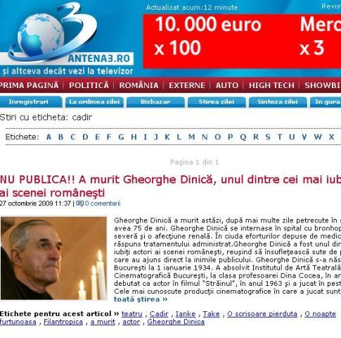 Antena 3 i-a publicat din greşeală necrologul lui Gheorghe Dinică