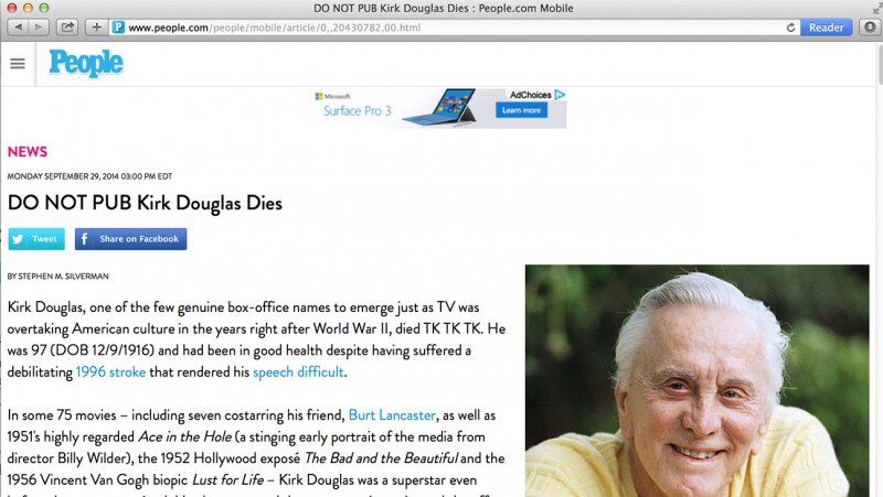 L-au UCIS! Tatăl lui Michael Douglas, Kirk, "omorât" din greşeală de o revistă americană