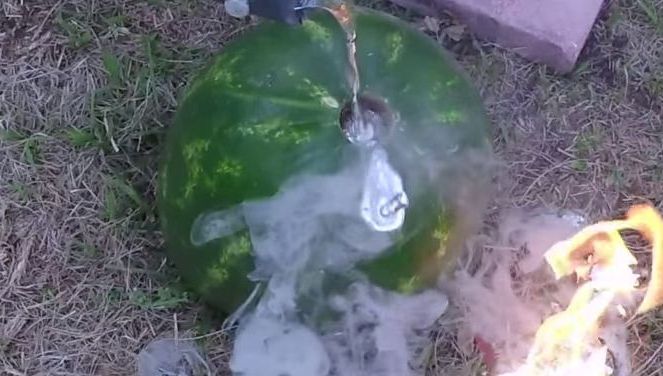 Ce se întâmplă când torni aluminiu topit într-un pepene roșu. Efect spectaculos