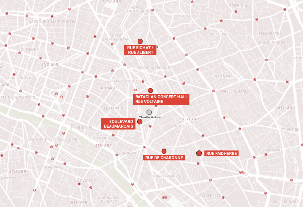 Hartă. Legătura dintre atacul de la sala de concerte Bataclan și cel de la Charile Hebdo