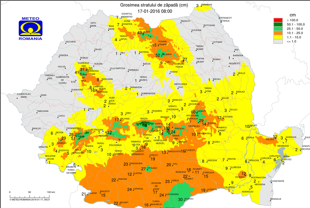 Stratul de zăpadă a trecut de 130 de cm. HARTA României sub nămeţi