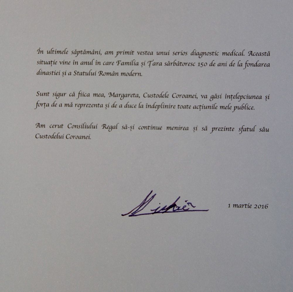 DOCUMENT. Mesajul Regelui Mihai. Cum şi-a argumentat retragerea
