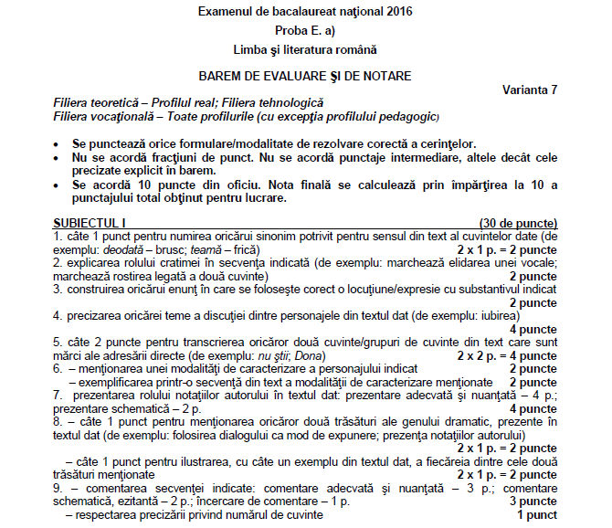 BAREM Română Bacalaureat 2016. Baremul de corectare la ROMÂNĂ, publicat pe EDU.ro. FOTO