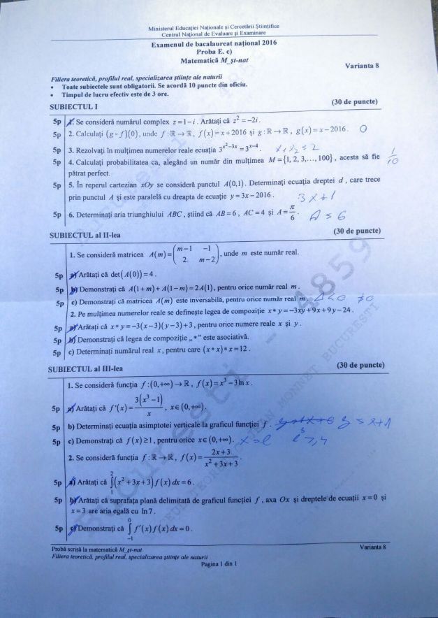 Subiecte BAC M2 Stiintele naturii. Consultă AICI subiectele la MATEMATICĂ M2 BAC 2016