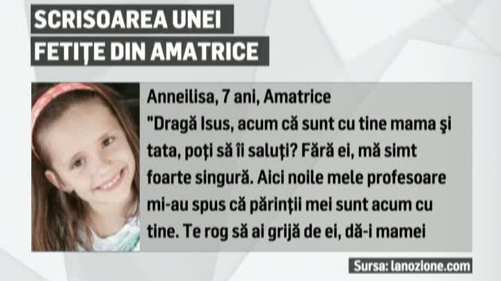 Scrisoarea unei fetiţe din Amatrice rămasă orfană cutremură planeta: "Dragă Iisus..."