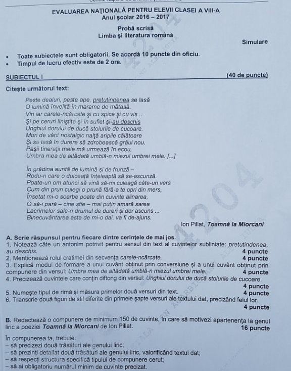 Subiecte Evaluare Naţională 2017. Peste 144.000 susţin examenul la Română. Iată subiectele şi barem