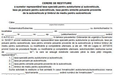 CERERE RESTITUIRE TAXA AUTO 2018. Modelul care trebuie completat până pe 31 august 