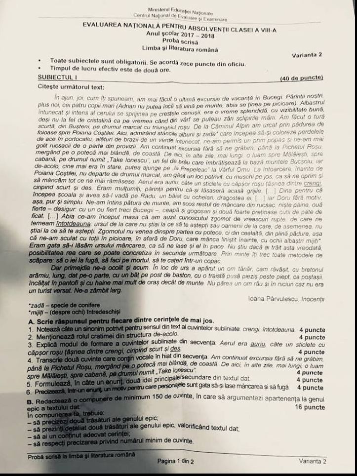 Avem subiectele la ROMÂNĂ - Evaluare 2018
