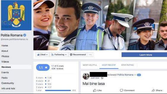 După zeci de mii de recenzii negative, Poliția Română închide această secțiune de pe Facebook