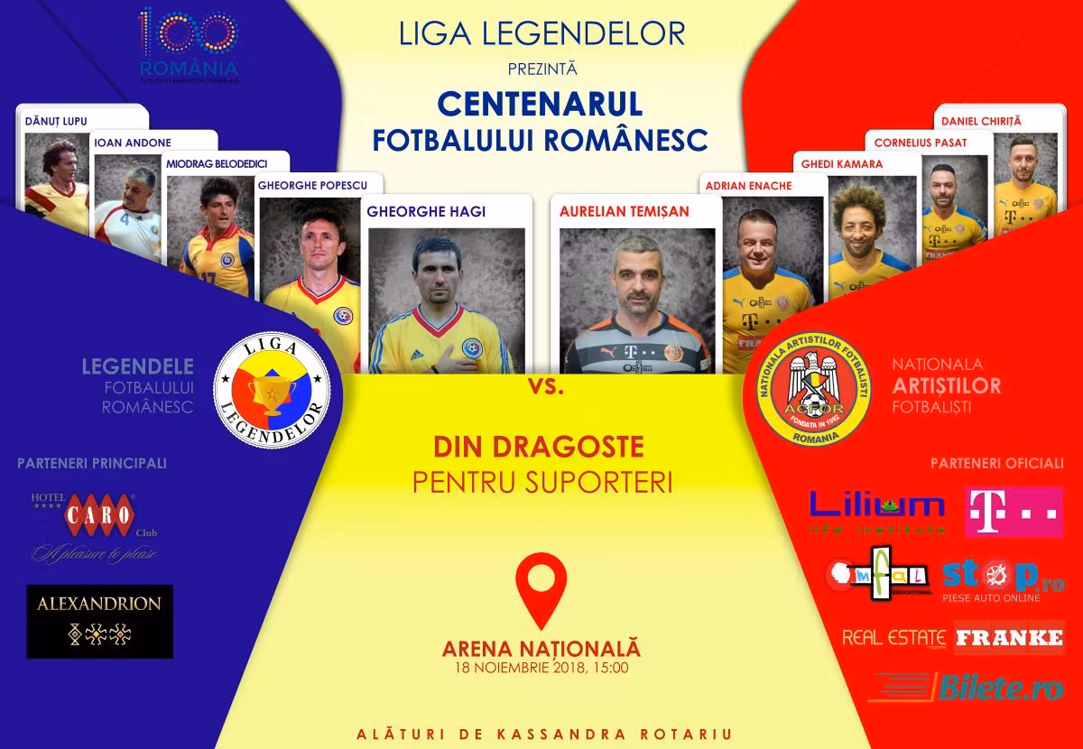 Centenarul Fotbalului Românesc, pe Arena Naţională: Legendele fotbalului vs. Naţionala Artiştilor