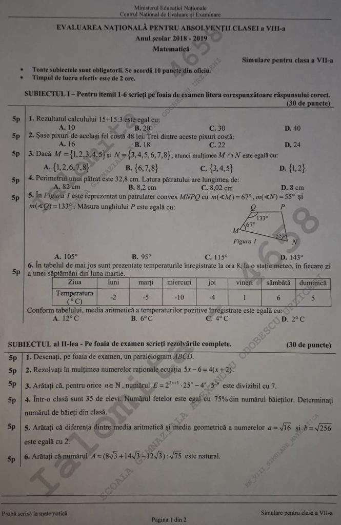 Subiecte Simulare Matematică 2019 clasa a 7-a. Cât fac 15+15:3? Barem corectare