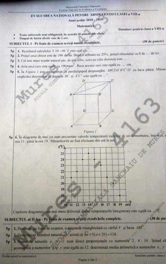 Subiecte Simulare Matematică 2019 clasa a 8-a. Cât fac 3x10-60:3? Barem corectare