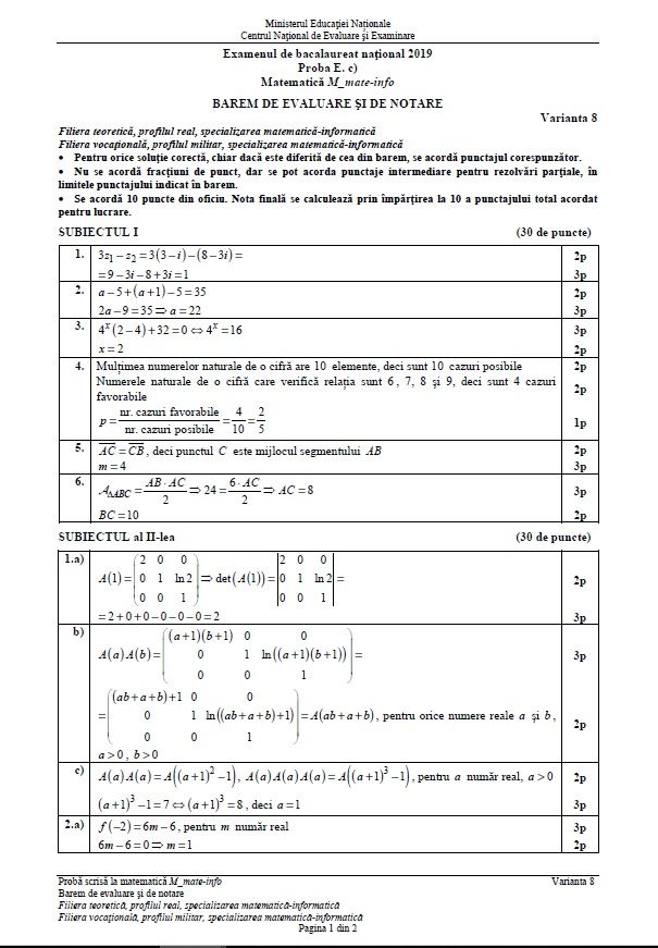 Barem Matematică 2019 Bacalaureat EDU.ro - mate-info, tehnologic și științe ale naturii