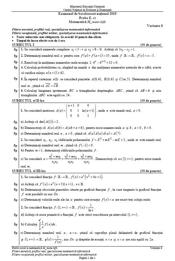Subiecte Matematică BAC 2019 mate-info, tehnologic și științe ale naturii: Funcția de la Subiectul 3