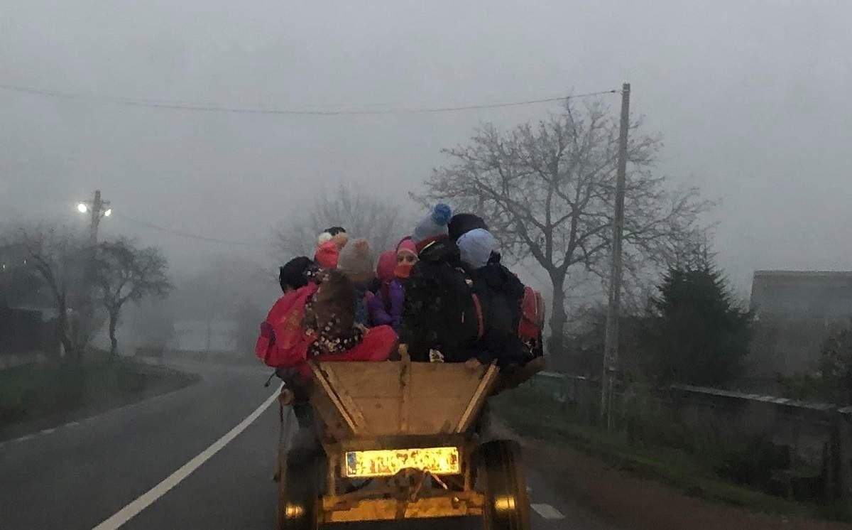 Imaginea care a scandalizat internetul: Mai mulți copii înghesuiți într-o căruță nesemnalizată sunt ”cărați” la școală ca la iarmaroc