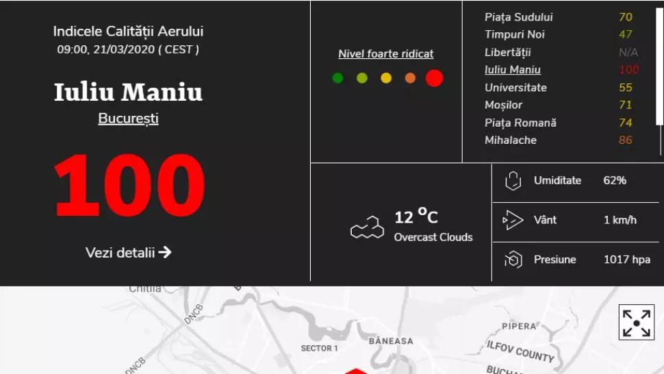 Cel mai scăzut nivel s-a înregistrat în zona Universitate, respectiv de 26 micrograme pe metru cub