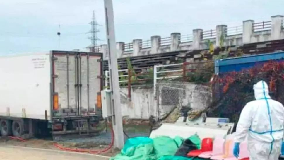 Morții de COVID-19 sunt transportați cu remorca frigorifică de TIR pe Stadionul CFR din Timișoara, pentru că la morgă nu mai sunt locuri Foto: ziuadevest.ro