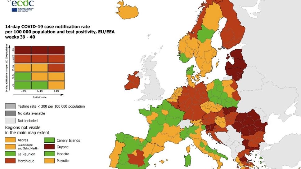 Harta epidemiologică a Europei, realizată săptămânal de Centrul European pentru Controlul Bolilor (ECDC)