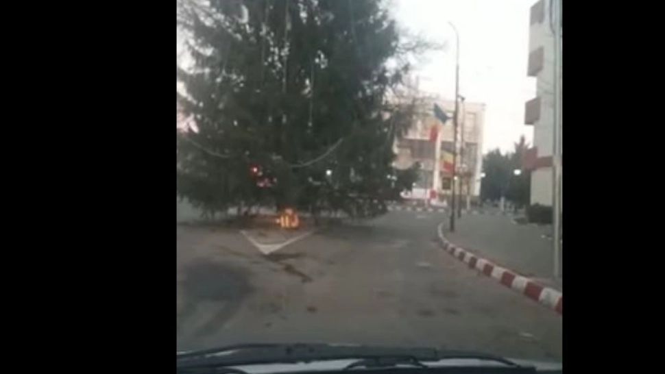 Brad montat în mijlocul intersecției, într-un oraș din Vrancea. Captură video