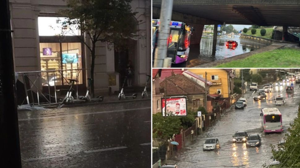 Urgie la Cluj-Napoca. Explozie la o țeavă de gaze și RO-Alert cod roșu de ploi. Străzi inundate, o schelă s-a prăbușit - FOTO