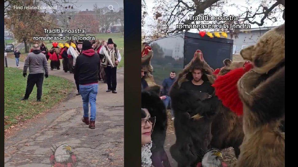 Români în blănuri de urs fac furori pe străzile Londrei. Foto: Captură TikTok