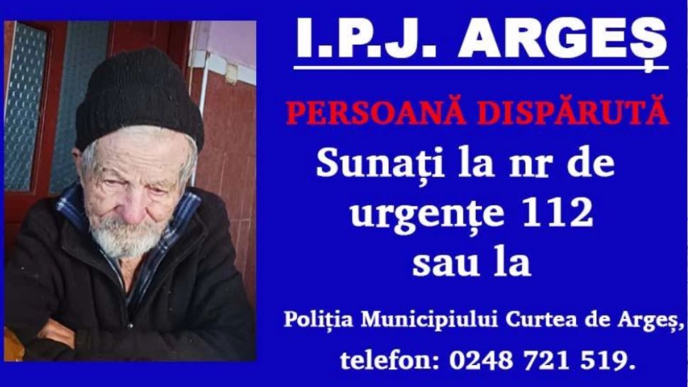 Bărbat de 97 de ani, căutat de poliţiştii argeșeni. Bătrânul se deplasează folosindu-se de două bastoane/ Foto: IPJ Argeş