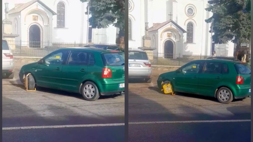 Momentul în care un șofer pleacă din parcare cu tot cu dispozitivul de blocare montat pe roată. Foto: Facebook