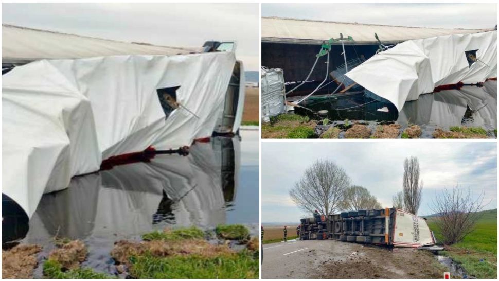 Un TIR încărcat melasă s-a răsturnat în localitatea Fărăoani. FOTO: ISU Bacău