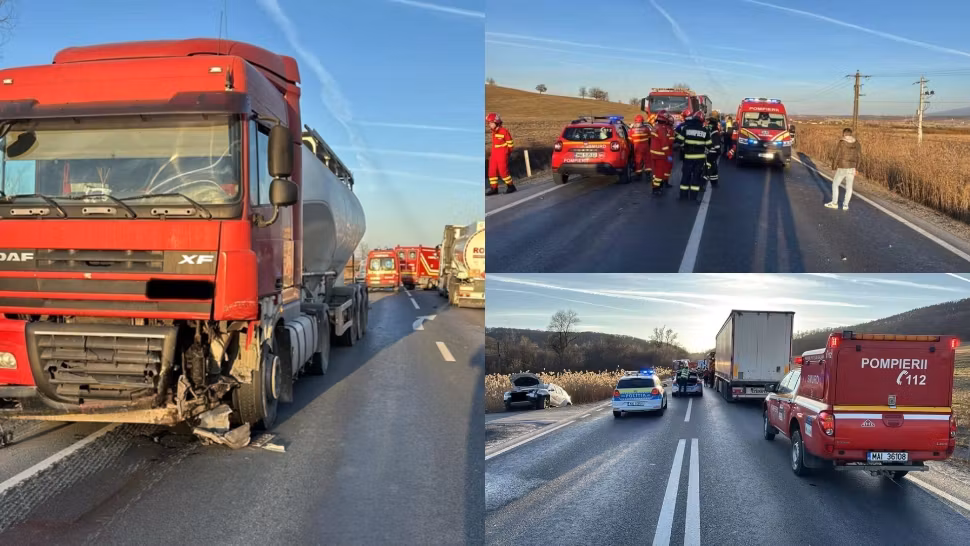Trafic blocat pe DN 1, în județul Sibiu. FOTO: ISU