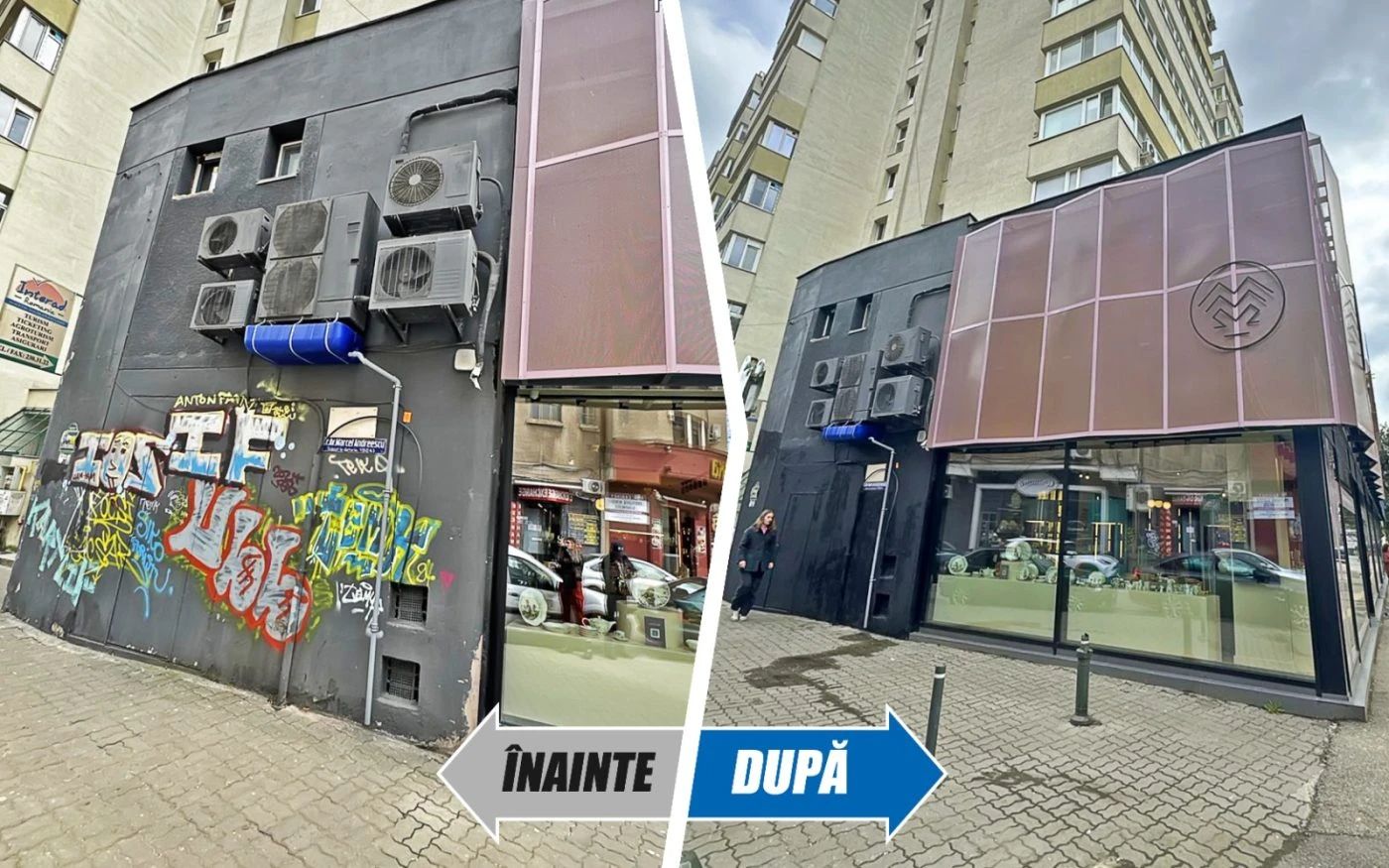 Fațadă vandalizată, înainte si după