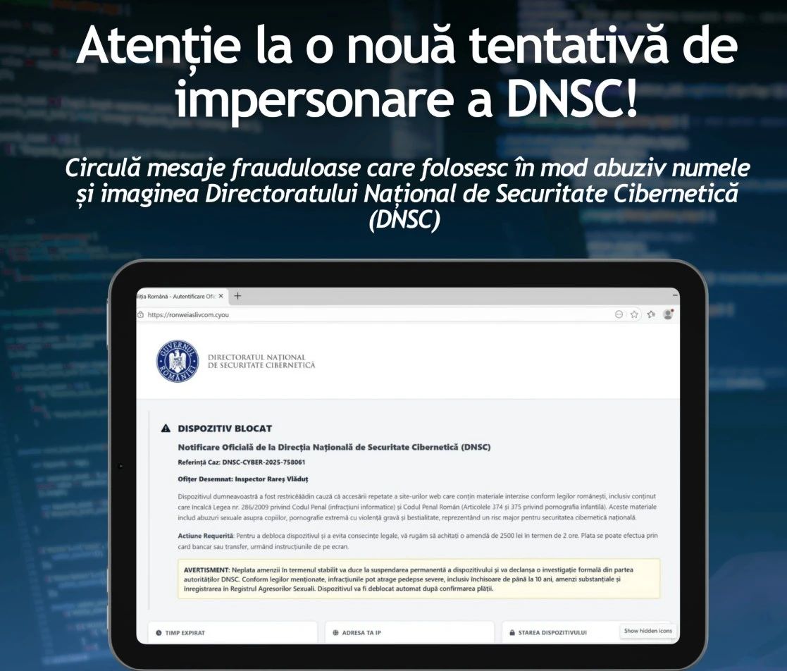 Atenție la mesajele frauduloase care folosesc identitatea DNSC. Foto/DNSC