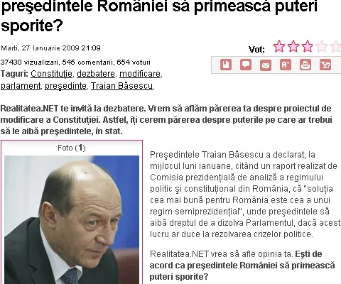 Cei mai mulţi dintre cititorii Realitatea.NET sunt împotriva sporirii puterilor preşedintelui