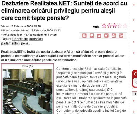 Cititorii Realitatea.NET susţin eliminarea privilegiilor pentru aleşii care comit fapte penale