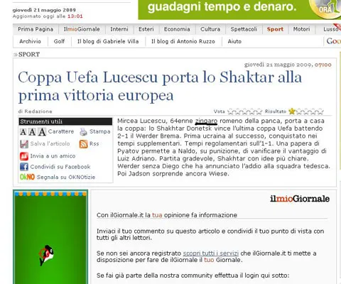 "Il Giornale": Lucescu, ŢIGANUL român care duce Cupa UEFA în Ucraina