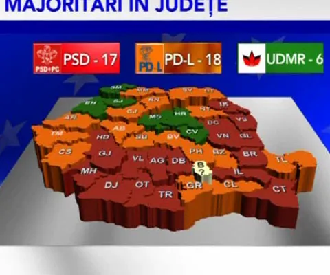 PD-L e majoritar în 18 judeţe, PSD în 17, iar UDMR în 6, pe harta euroalegerilor