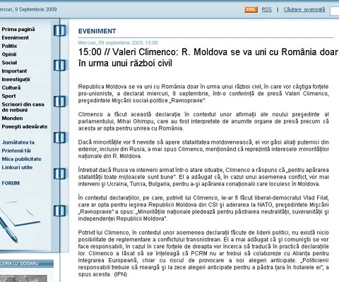 Republica Moldova se va uni cu România doar prin război civil, în care se va implica Rusia, spune Climenco