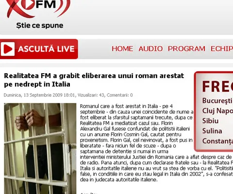 Un român, arestat în Italia din cauza unei coincidenţe de nume, a fost eliberat
