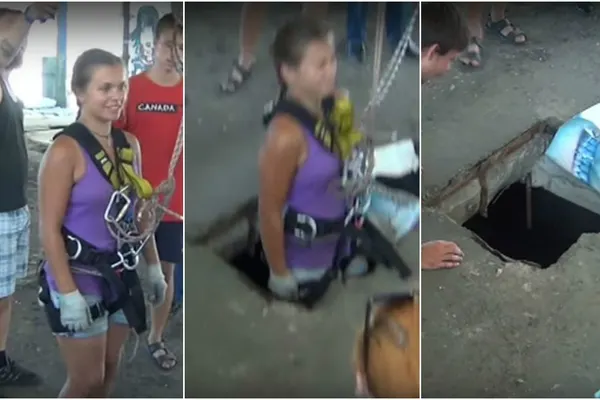 VIDEO șocant: Legată cu o coardă, se aruncă prin gaura din planșeu și dispare. Ce urmează
