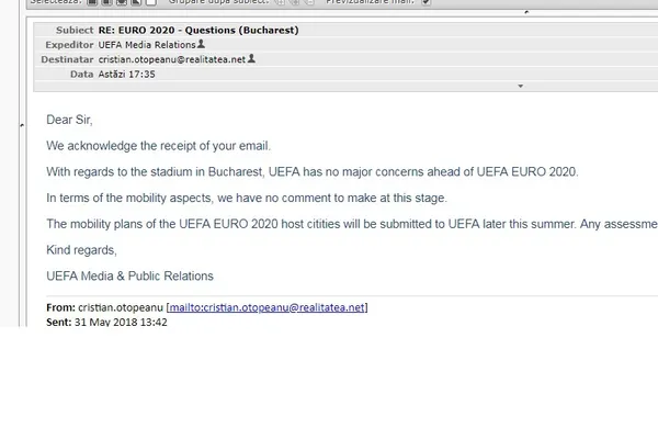 Euro 2020 la București. Anunț de ultimă oră făcut de UEFA pentru realitatea.net