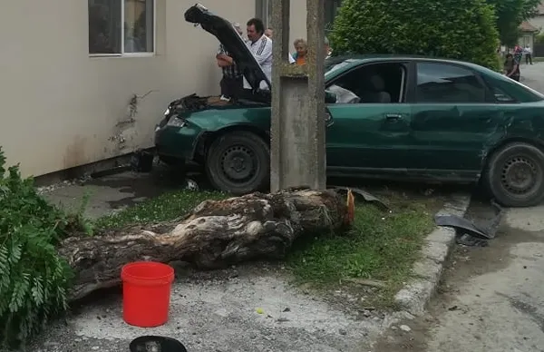 Accident în Sfântu Gheorghe. Un șofer a dărâmat un copac și a "parcat" într-o casă