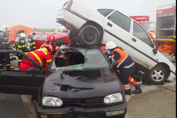 Imagini spectaculoase de la un accident "horor" cu trei mașini și o cisternă. Vestea bună...
