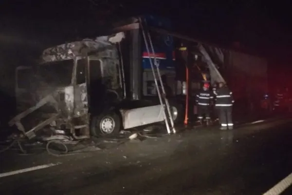 Accident grav în jud. Giurgiu. Un camion a luat foc în mers la Ghimpați