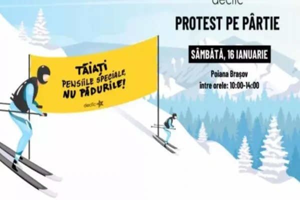Protest pe schiuri: ”Tăiați pensiile speciale, nu pădurile!”, astăzi, în Poiana Brașov