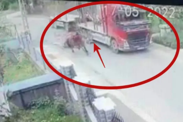 Accident spectaculos între o căruță și un camion - Video cu momentul impactului