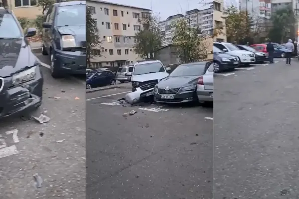 7 dintr-o lovitură: Accident în lanț într-o parcare din Târgoviște - Cum a reușit un camion de gunoi să lovească mașinile - Cine era la volan - VIDEO