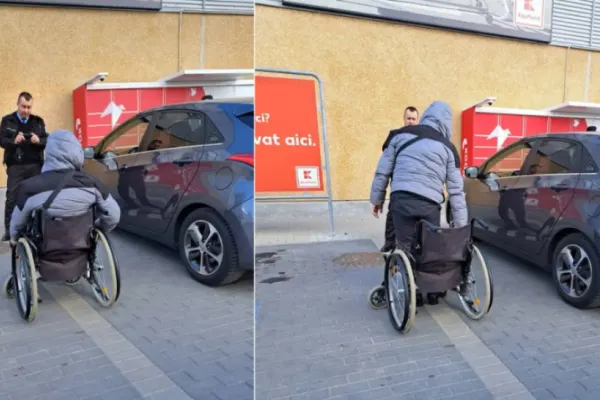 Un bărbat care cerșea într-un scaun cu rotile, ”demascat” de polițiști! Scene IREALE în parcarea unui supermarket din Alba Iulia - FOTO