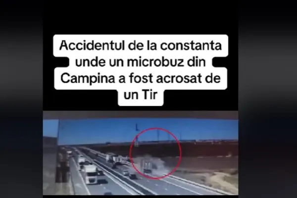 Primele imagini cu microbuzul aruncat de TIR de la 4 metri. Accident dezastruos în Constanța - VIDEO
