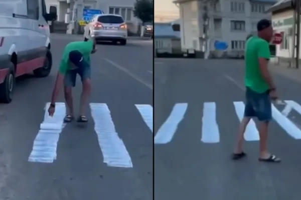 A făcut trecere de pietoni cu TRAFALETUL, ca să treacă de acasă la cârciumă. Gestul hilar al unui sucevean i-a surprins și pe polițiști - VIDEO