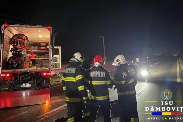 Accident grav, în Dâmbovița: impact violent între două cisterne - una a luat foc. Flăcările, vizibile de la kilometri distanță